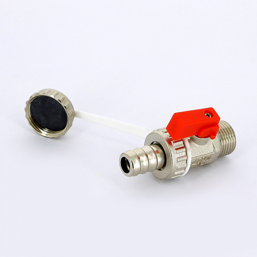 Кран шаровой потребительный UNI-FITT 1/2&amp;quot;x3/4&amp;quot; НН сливной со штуцером и заглушкой, флажок красн мета
