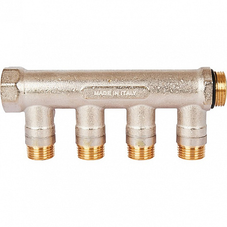 Коллектор распределительный шаровой STOUT никель 3/4&quot;x1/2&quot; -4 выхода, (красные ручки), евроконус