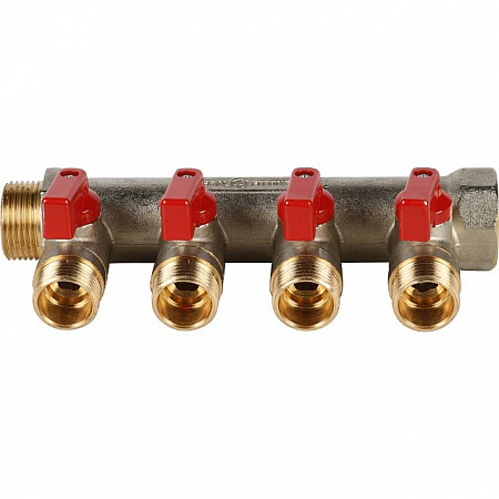 Коллектор распределительный шаровой STOUT никель 3/4&quot;x1/2&quot; -4 выхода, (красные ручки), плоский