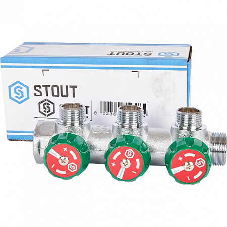 Коллектор распределительный вентильный STOUT никель 3/4&quot;x1/2&quot; -3 выхода, (зеленые ручки), евроконус