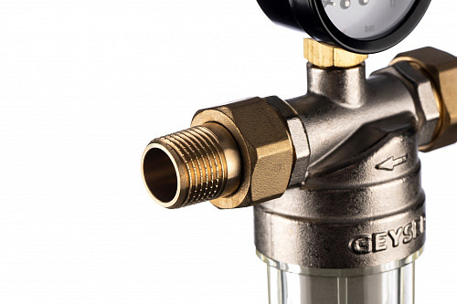 Фильтр промывной с манометром ГЕЙЗЕР БАСТИОН Ø53 никель 1/2&amp;quot; АМ-АМ, 90 мкм, пластиковая колба