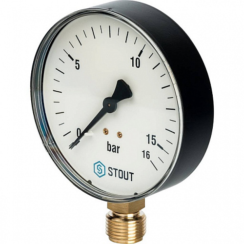 Манометр радиальный STOUT Ø100-1/2&amp;quot;, 16 бар, вертикальное подключение