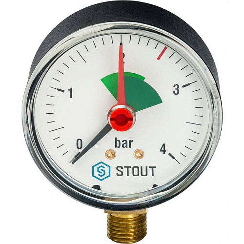Манометр радиальный STOUT Ø63-1/4&amp;quot;, 4 бар, вертикальное подключение, с указателем предела