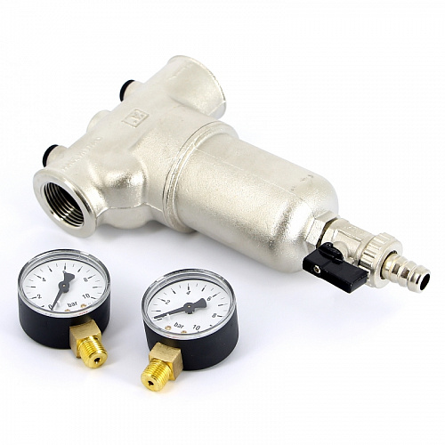 Фильтр промывной два манометра UNI-FITT никель 11/4&amp;quot; ВР-ВР, 300 мкм, латунная колба