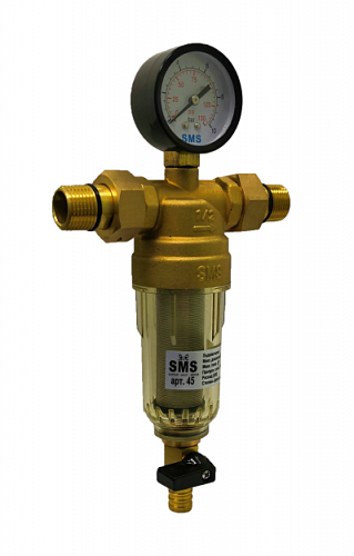 Фильтр промывной с манометром SMS 45-G1/2 без покрытия 1/2&amp;quot; АМ-АМ, 100 мкм, пластик колба
