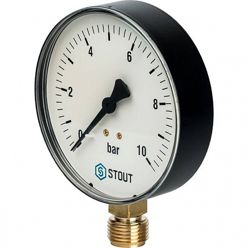 Манометр радиальный STOUT Ø100-1/2&amp;quot;, 10 бар, вертикальное подключение
