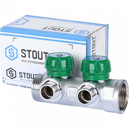 Коллектор распределительный вентильный STOUT никель 1&quot;x1/2&quot; -2 выхода, (зеленые ручки), плоский