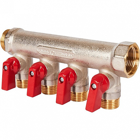 Коллектор распределительный шаровой STOUT никель 3/4&quot;x1/2&quot; -4 выхода, (красные ручки), евроконус
