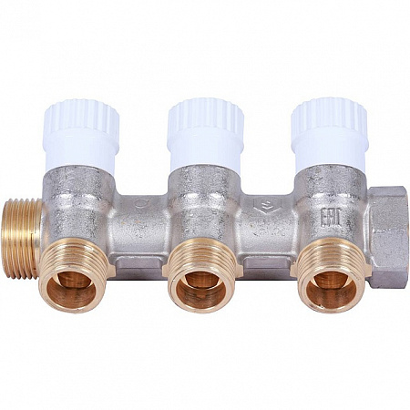 Коллектор распределительный вентильный STOUT никель 3/4&quot;x1/2&quot; -3 выхода, (белые ручки), плоский