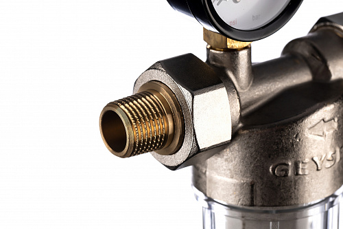 Фильтр промывной с манометром ГЕЙЗЕР БАСТИОН 112 Ø60 никель 1/2&amp;quot; АМ-АМ, 90 мкм, пластиковая колба