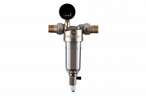 Фильтр промывной с манометром ГЕЙЗЕР БАСТИОН 112 Ø60 никель 3/4&amp;quot; АМ-АМ, 90 мкм, пластиковая колба