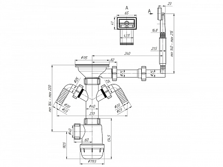 АНИПЛАСТ Сифон Грот 31/2&quot;х40 с 2 отв. с/м с переливом мойки A0146