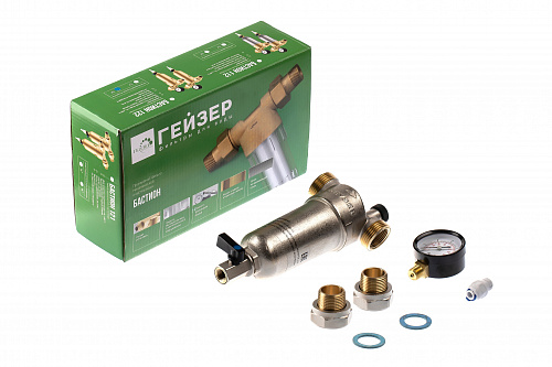 Фильтр промывной с манометром ГЕЙЗЕР БАСТИОН 122 Ø60 никель 3/4&amp;quot; АМ-АМ, 90 мкм, латунная колба