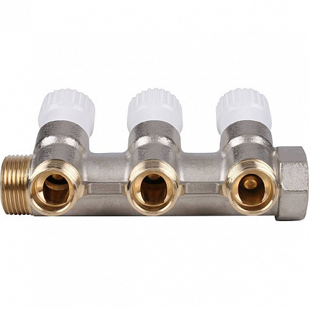Коллектор распределительный вентильный STOUT никель 3/4&quot;x1/2&quot; -3 выхода, (белые ручки), евроконус