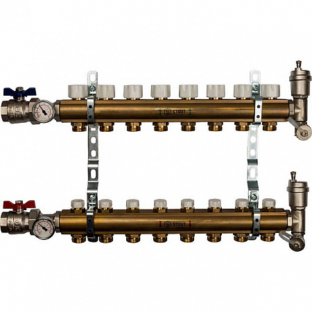Коллекторная группа STOUT латунная 1&quot;x3/4&quot; EK -8 выходов, без расходомеров (краны + воздухо.)