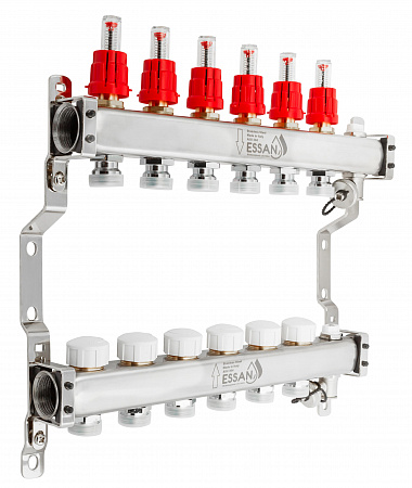 Коллекторная группа ESSAN GROUP802 нержавейка 1&quot;x3/4&quot; EK -6 выходов, с расходомерами (404 мм)
