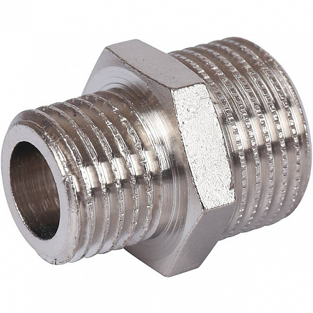 Ниппель переходной резьбовой латунный STOUT никель 3/8&quot;x1/4&quot; Н