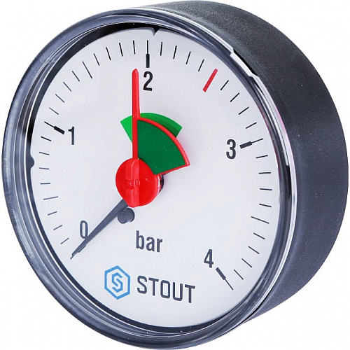 Манометр аксиальный STOUT Ø63-1/4&amp;quot;, 4 бар, горизонтальное подключение, с указателем предела