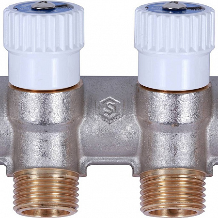 Коллектор распределительный вентильный STOUT никель 3/4&quot;x1/2&quot; -4 выхода, (белые ручки), плоский