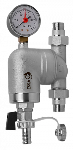 Фильтр промывной поворотный ESSAN FLUSHING никель 1/2&amp;quot; АМ-АМ 100 мкм, латунная колба, с манометром