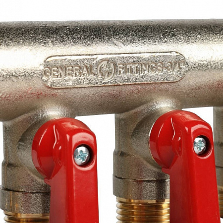 Коллектор распределительный шаровой STOUT никель 3/4&quot;x1/2&quot; -4 выхода, (красные ручки), плоский