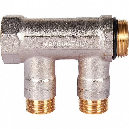 Коллектор распределительный шаровой STOUT никель 3/4&quot;x1/2&quot; -2 выхода, (красные ручки), евроконус
