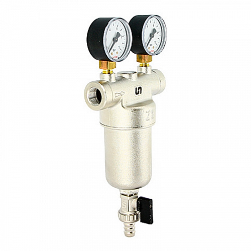 Фильтр промывной два манометра UNI-FITT никель 1/2&amp;quot; ВР-ВР, 300 мкм, латунная колба