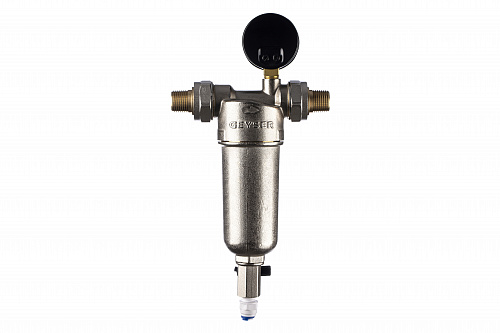 Фильтр промывной с манометром ГЕЙЗЕР БАСТИОН 122 Ø60 никель 1/2&amp;quot; АМ-АМ, 90 мкм, латунная колба