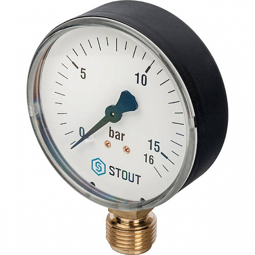 Манометр радиальный STOUT Ø80-1/2&amp;quot;, 16 бар, вертикальное подключение