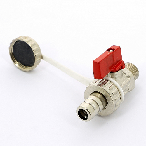 Кран шаровой потребительный UNI-FITT 3/8&amp;quot;x3/4&amp;quot; НН сливной со штуцером и заглушкой, флажок красный ме