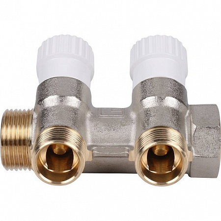 Коллектор распределительный вентильный STOUT никель 3/4&quot;x1/2&quot; -2 выхода, (белые ручки), евроконус