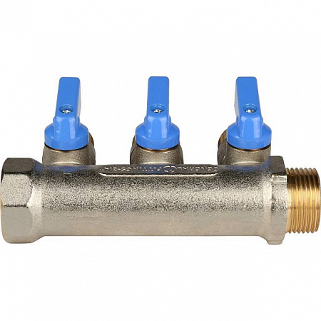 Коллектор распределительный шаровой STOUT никель 3/4&quot;x1/2&quot; -3 выхода, (синие ручки), плоский