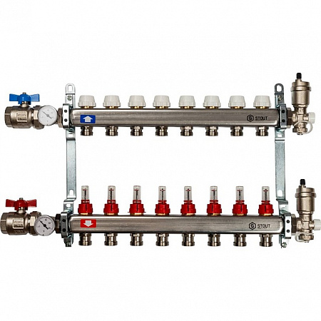 Коллекторная группа STOUT нержавейка 1&quot;x3/4&quot; EK -8 выходов, с расходомерами (краны + воздухо.)