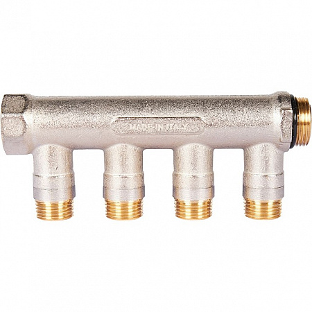Коллектор распределительный шаровой STOUT никель 3/4&quot;x1/2&quot; -4 выхода, (синие ручки), евроконус