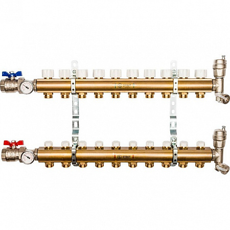 Коллекторная группа STOUT латунная 1&quot;x3/4&quot; EK -10 выходов, без расходомеров (краны + воздухо.)