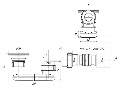 Сифон для душевого поддона пластиковый плоский АНИПЛАСТ E015 11/2&amp;quot;х40 с гофрой 40х50 выпуск нерж