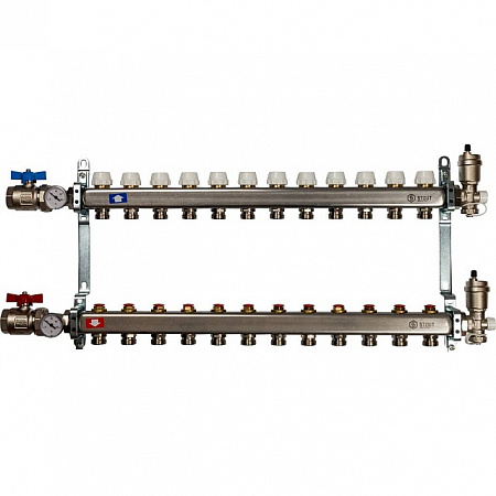 Коллекторная группа STOUT нержавейка 1&quot;x3/4&quot; EK -12 выходов, без расходомеров (краны + воздухо.)