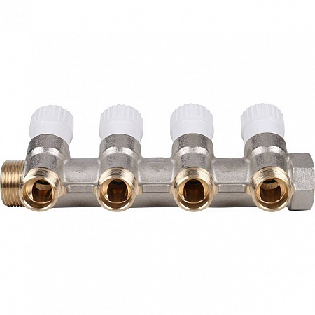 Коллектор распределительный вентильный STOUT никель 3/4&quot;x1/2&quot; -4 выхода, (белые ручки), евроконус