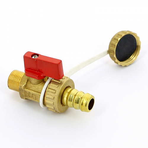 Кран шаровой потребительный UNI-FITT 3/8&amp;quot;x3/4&amp;quot; НН сливной со штуцером и заглушкой, флажок красный ме