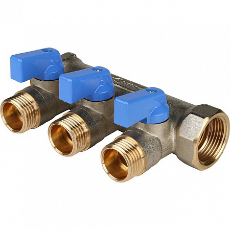 Коллектор распределительный шаровой STOUT никель 3/4&quot;x1/2&quot; -3 выхода, (синие ручки), плоский