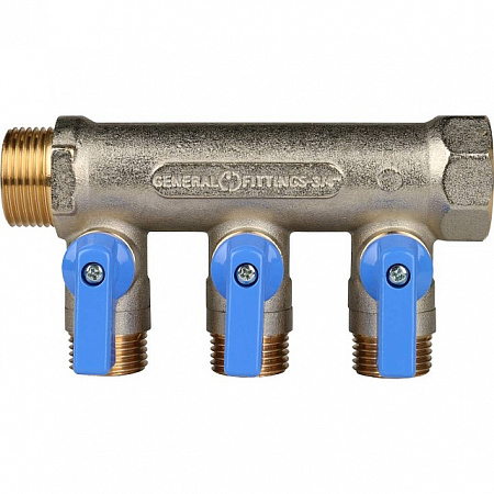 Коллектор распределительный шаровой STOUT никель 3/4&quot;x1/2&quot; -3 выхода, (синие ручки), плоский