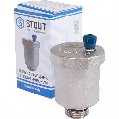 Воздухоотводчик автоматический прямой STOUT никель 1/2&amp;quot;, без клапана, уплотнитель, синий колпачок