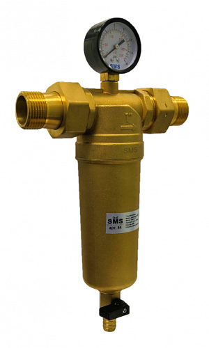 Фильтр промывной с манометром SMS 44-G1 без покрытия 1&amp;quot; АМ-АМ, 100 мкм, латунь колба