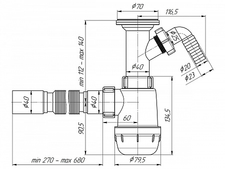 АНИПЛАСТ Сифон Грот 11/2&quot;х40 с отв. с/м с г/тр. 40х40