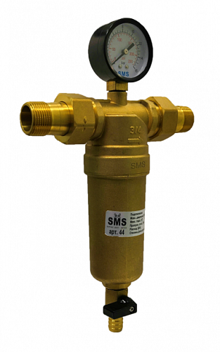 Фильтр промывной с манометром SMS 44-G3/4 без покрытия 3/4&amp;quot; АМ-АМ, 100 мкм, латунь колба