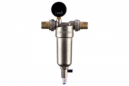 Фильтр промывной с манометром ГЕЙЗЕР БАСТИОН 122 Ø60 никель 3/4&amp;quot; АМ-АМ, 90 мкм, латунная колба
